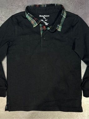 Tommy Bahama 5T Black Long Sleeve Polo Plaid Trim Collared Shirt